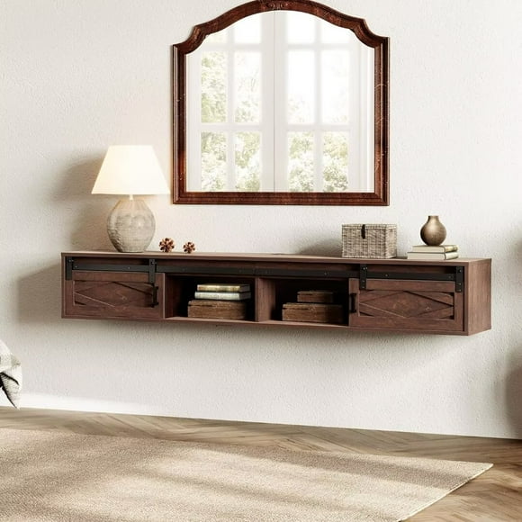 FITUEYES Floating TV Stand Shelf for TVs up to 85 Inch, Floating Entertainment Center with Sliding Barn Door, Rustic Brown, 70.8"