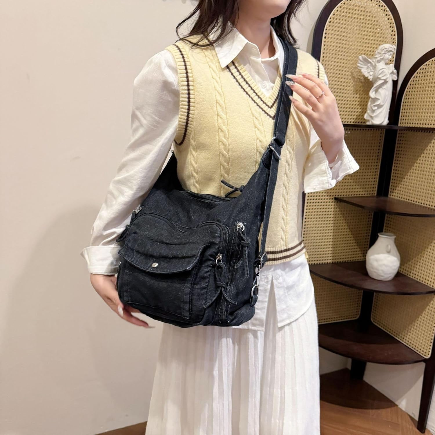 JennyShop Large Capacity Tote Purse with Multiple Pockets, High Quality Denim Shoulder Handbag, Classic Versatile Crossbody Bag