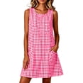 thumbnail image 4 of Women's Striped Mini Dress Gingham Tunic Dress Round Neck Sleeveless Loose A Line Sundress with Pockets Lounge Vacation Outfit Hot Pink, 4 of 8
