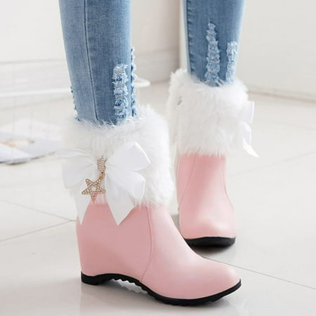 

Hinvhai Womens Clearance Solid Color Leather Flower Decorated Boots Fashion Casual Classic Plush Zipper Slope Heel Fashion Short Womens Booties Pink 7.5(40)