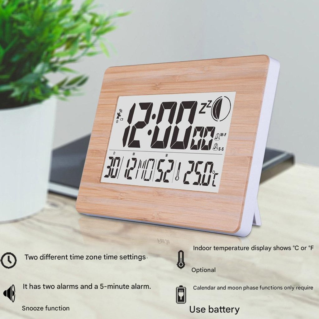PatungKu Quiet Movement Digital Alarm Clock Battery Operated LCD Screen with Snoozes Function Temperature Display for Bedroom