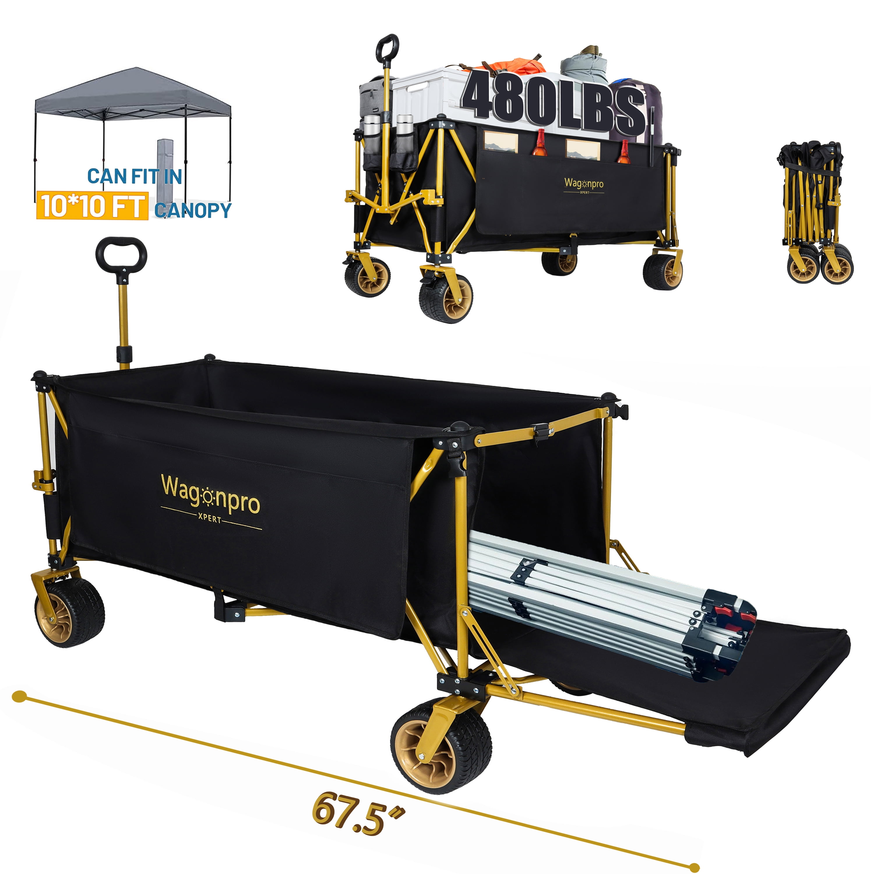 67.5in Extra Long Heavy Duty Beach Wagon with Opened Tailgate, 480lbs Capacity Utility Cart with 7" All-Terrain Wheels, Patented Ultra-Stable Frame, No Assembly Needed, Black