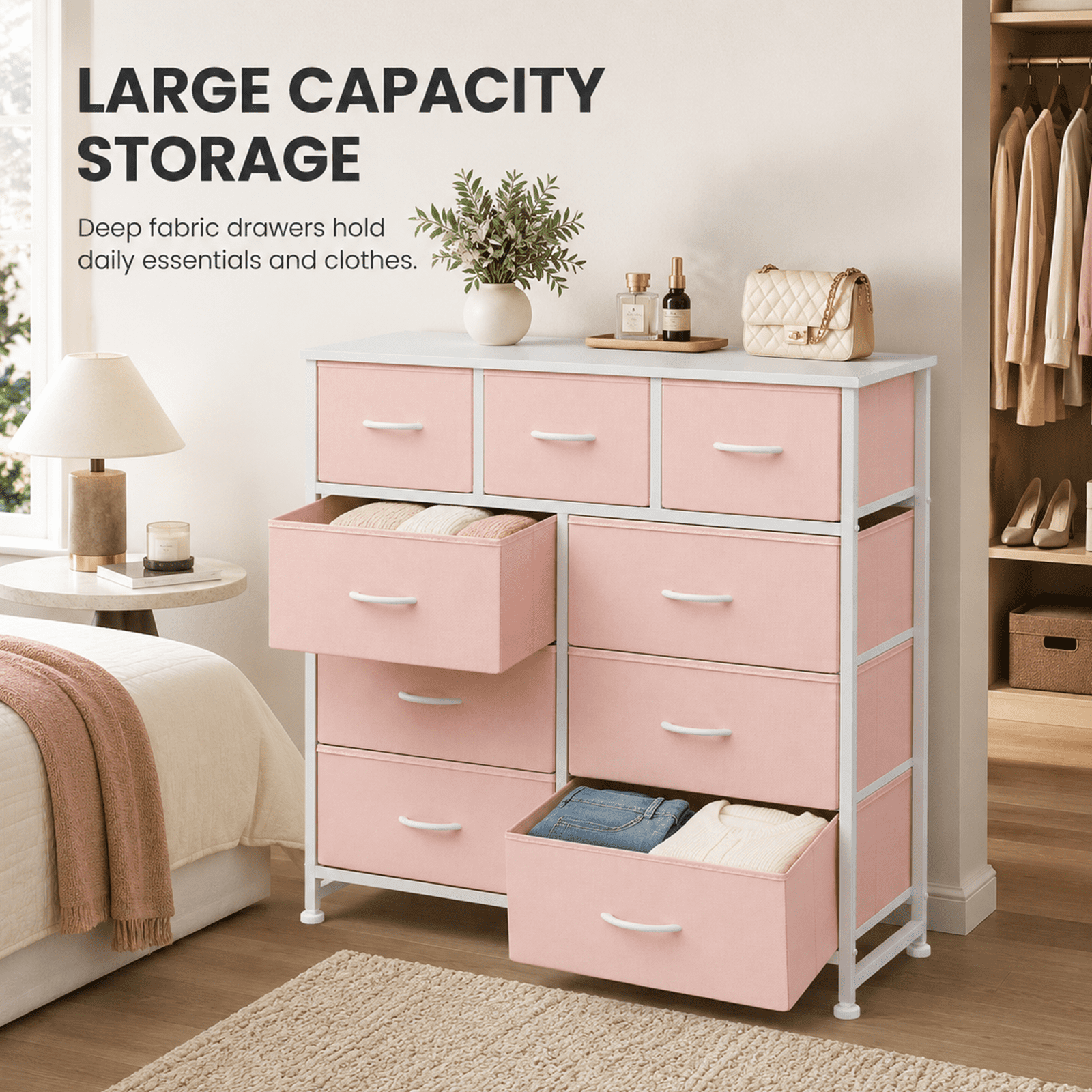 Alvantor 7/8/9-Dresser, Dresser for Bedroom Organizer Storage, Fabric Storage Tower with Sturdy Steel Frame, Wooden Top & Easy Pull Fabric Bins, Dresser for Living Room Entryway Clothes Organization