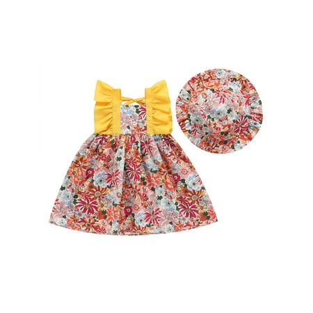 

Calsunbaby Toddler Baby Girls Summer Patchwork Dress Ruffle Sleeve Floral A-Line Dress Floral Hat Sundress Yellow 12-18 Months