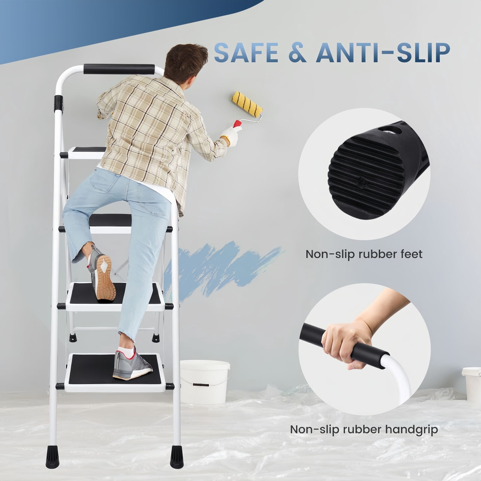 Kelno 4 Step Folding Step Stool 330Lbs Heavy Duty Step Ladder with Anti Slip Pedals Safety Handrail, Black White