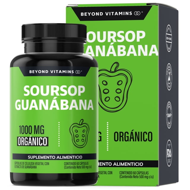Soursop Guanábana 1000mg Beyond Vitamins | Extracto Orgánico De Guanábana En Polvo | Alta Concentración 10:1 | Vitaminas Mujer / Hombre - Antioxidante Origen Claro | 60 Cápsulas