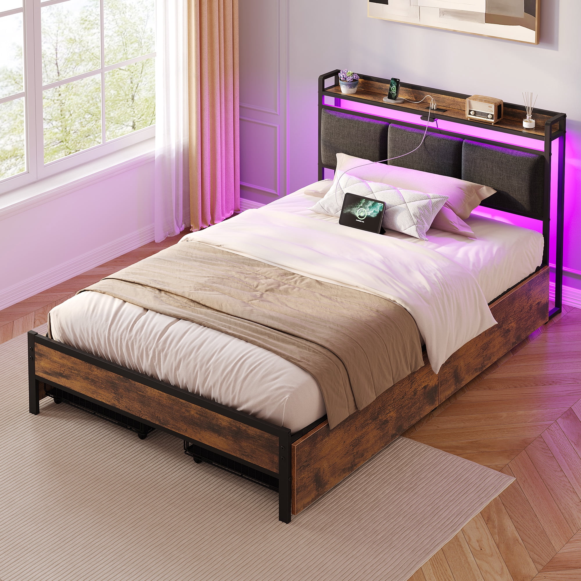 Greenstell Twin Size Bed Frame with Storage Headboard, LED Lights, Charging Station, 4 Drawers, Heavy-Duty Metal Platform Bed with USB & Type-C Ports,Rustic Brown