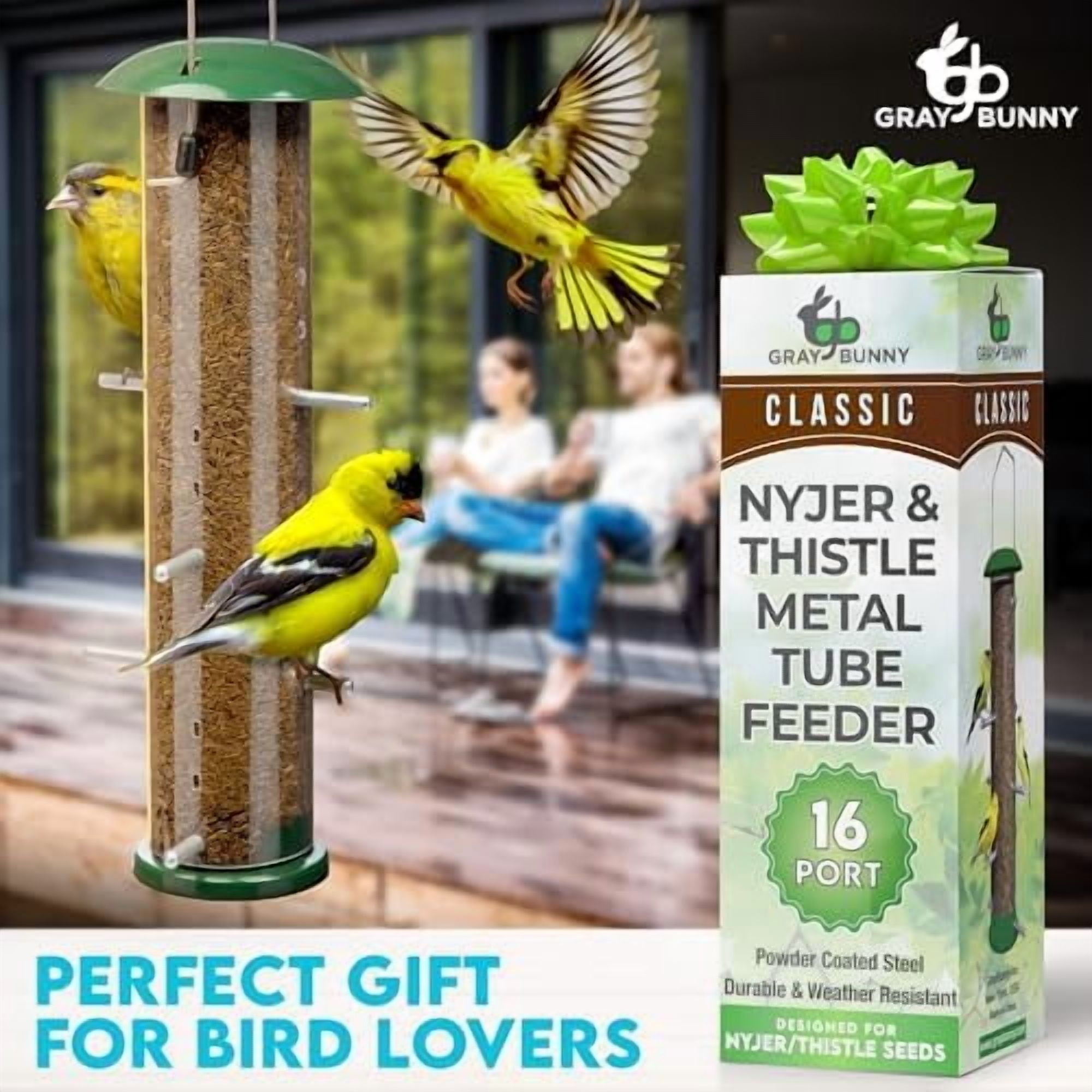 Finch Bird Feeder for Outdoors (16 Ports) Thistle & Nyjer Seed Hanging Feeder with 16 Ports and 8 Metal Perches, Chew-Proof Metal Design for Wild Birds$$Garden & Patio