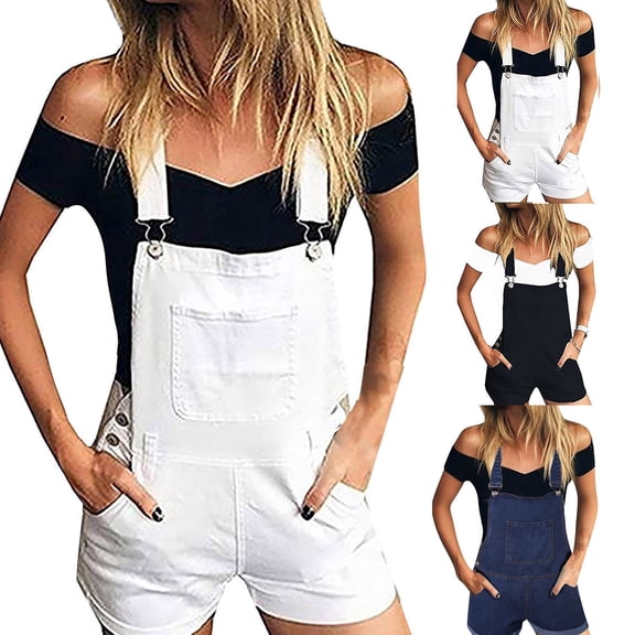 Women's Casual Adjustable Strap Cuffed Hem Cotton Denim Bib Overalls Shorts Romper with Muti Pockets White