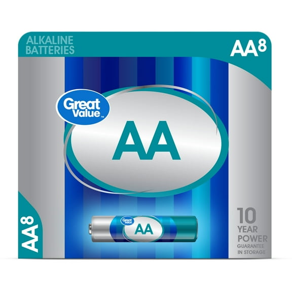 Great Value AA Batteries (8 Pack), Double A Alkaline Batteries (Plastic Free Packaging)