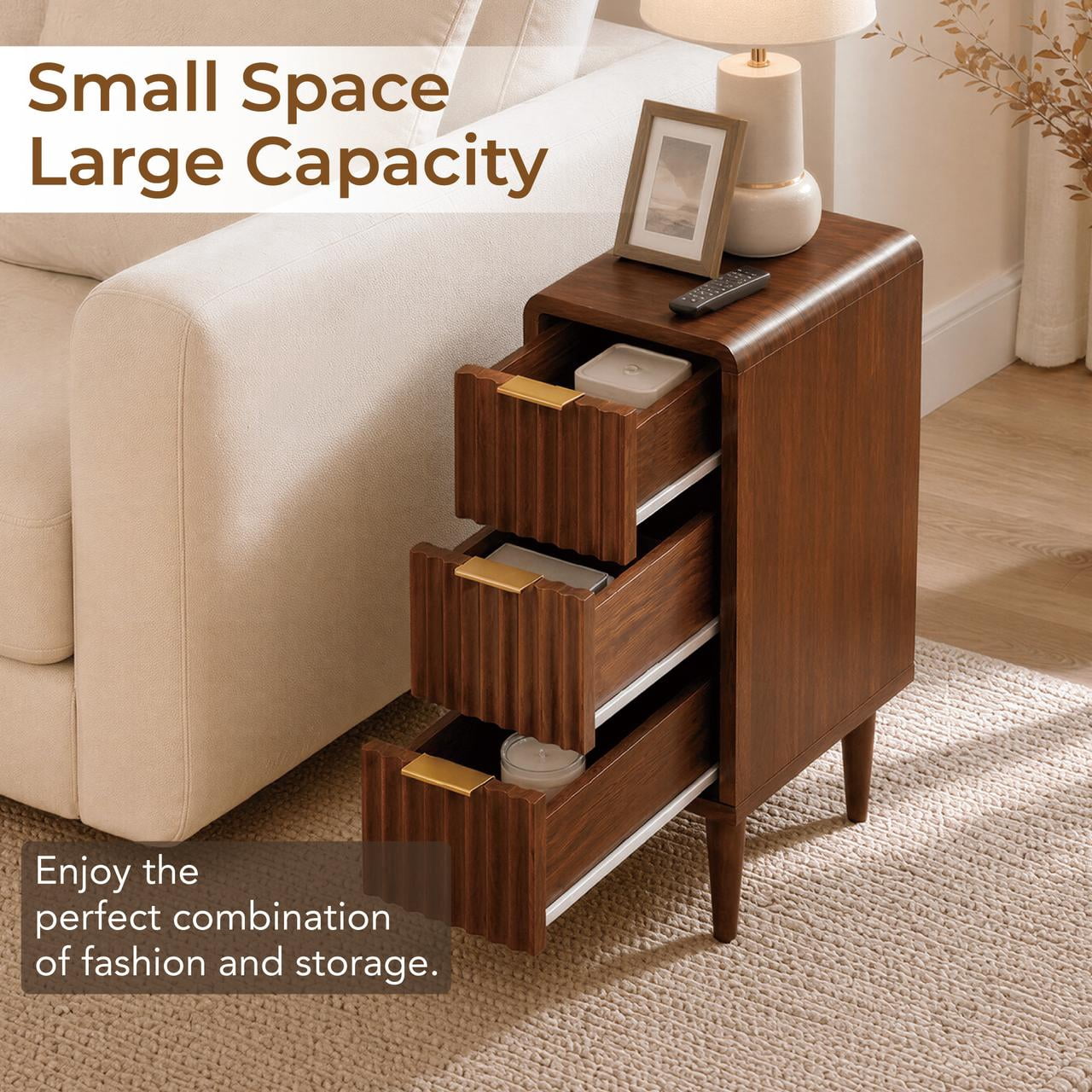 Spruce & Spring Mid-Century Modern Narrow Nightstand with 3 Drawers for Bedroom & End Table for Small Spaces, Fluted Front, Walnut