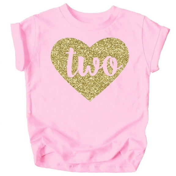 Two in Heart 2nd Birthday Girls Shirt for Toddler Girls Second Birthday Outfit Gold on Pink Shirt 2T