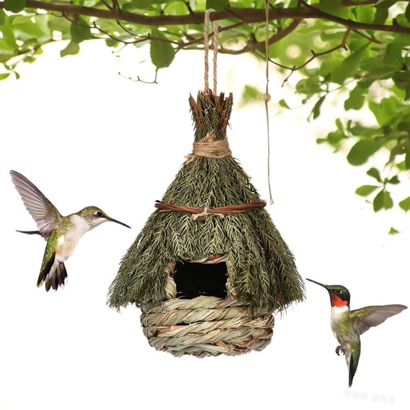 Natural Handwoven Grass Bird House for Outdoor Garden, Hanging Bird Nest Shelter with Suction Cups, Weather Resistant Bird Hut for Finch Sparrow Chickadee, Garden Decoration(Green)