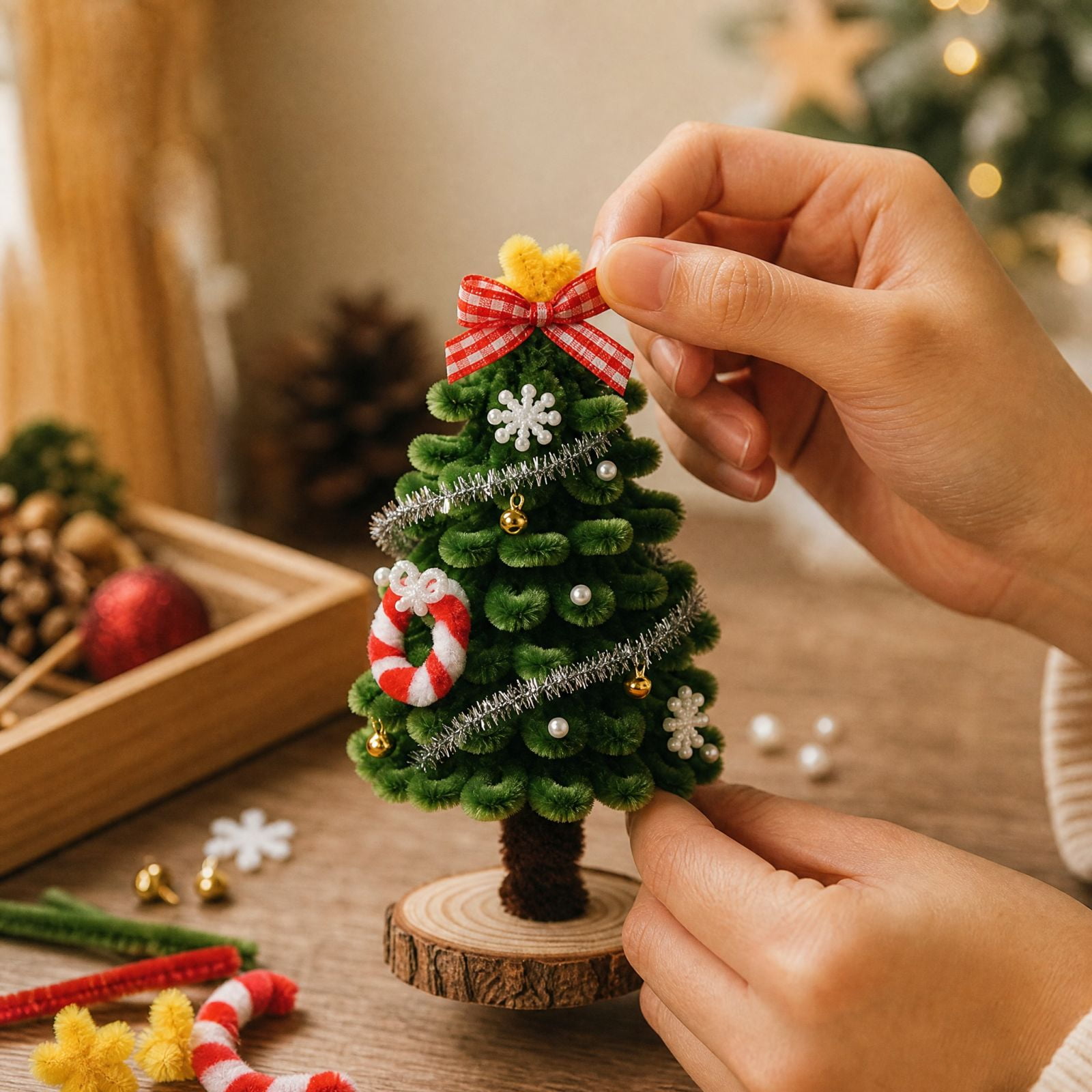 Kiddiway Christmas Tree Craft Kit for Kids DIY Chenille Stem Decor Set with Wooden Base Tabletop Holiday Display Family Arts and Crafts Activity