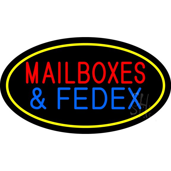 Mail Boxes and FedEx Oval Yellow LED Neon Sign 20 x 37 - inches, Black Square Cut Acrylic Backing, with Dimmer - Bright and Premium built indoor LED Neon Sign for Store interior and stroefront