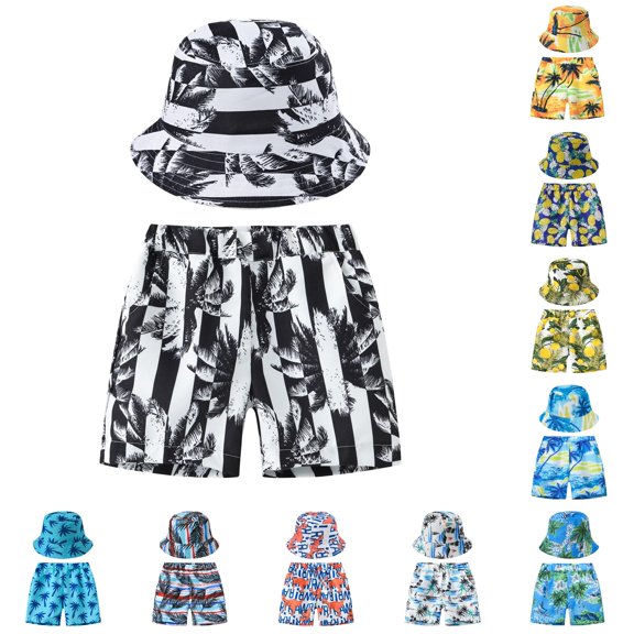 PMVFHDE Kids Summer Fashion Printed Beach Shorts with Bucket Hat Casual Swim Set