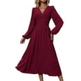 thumbnail image 2 of Women'S Fall Maxi Dresses Long Sleeve V Neck Dots High Waisted A-Line Ruffle Boho Long Dress Vacation Wine Red L, 2 of 7