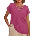 thumbnail image 1 of Camiseta holgada de manga corta con cuello en V lisa para mujer, poliéster spandex, top informal de verano, S-XXL, 1 of 4