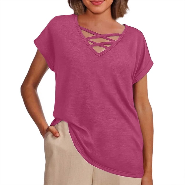 Camiseta holgada de manga corta con cuello en V lisa para mujer, poliéster spandex, top informal de verano, S-XXL