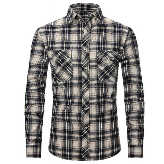 Mens Long Sleeve Plaid Shirt Button Down Flannel Shirts Casual Regular Slim-fit Cotton Shirt