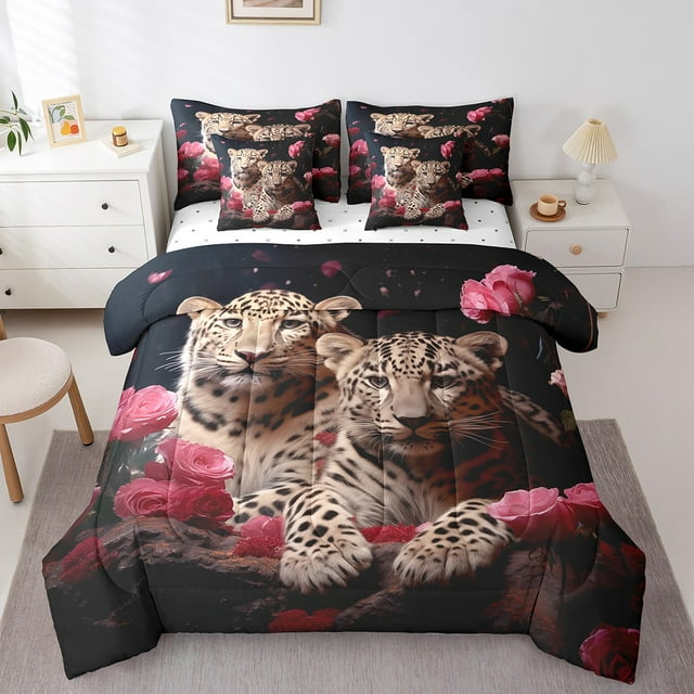 Ensemble Douillette Guépard 7 Pcs Lit Tout-en-un Simple, Ensembles de Literie Fleurs Roses Drap-Housse Imprimé Léopard, Ensemble de Draps Fleurs Romantiques Animaux Africains avec Douillette