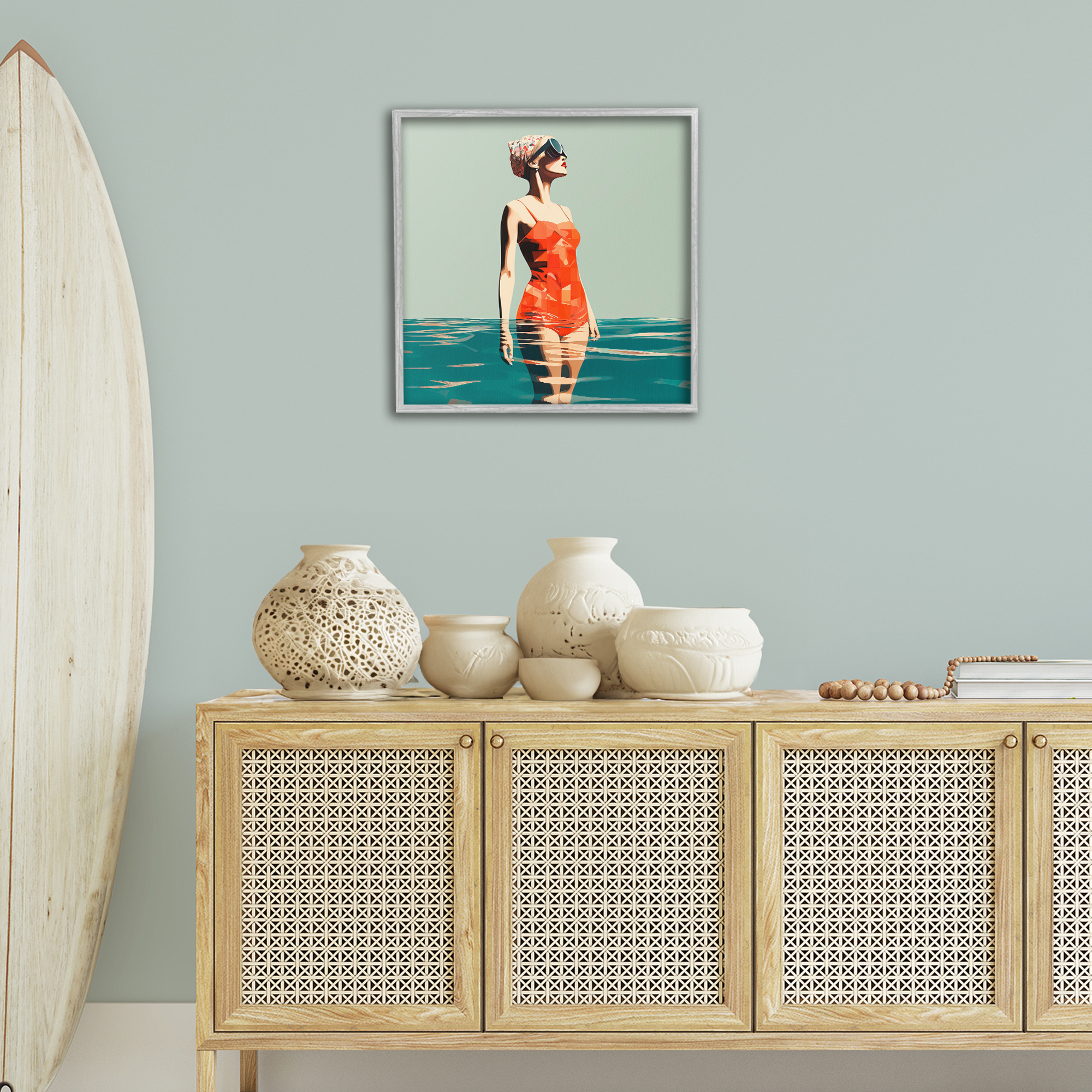 Stupell Industries Retro Woman in Swimsuit Novelty Painting Gray Framed Art Print Wall Art, 24 x 24