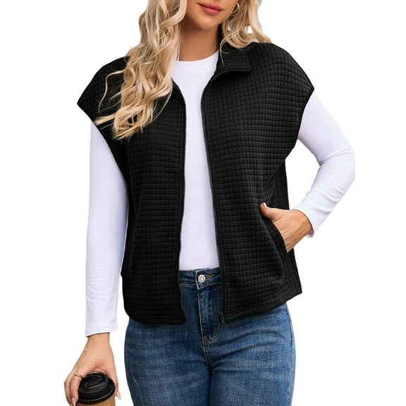 Womens Vest Tops Zipper Up Cap Sleeve Side Pockets Waffle Knit Sleeveless Oversized Vests Black M