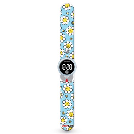 Watchitude: Tag'd Trackable Watch - Happy Flowers - Kids Digital Watch, Apple Airtag Compatibility, Yellow-Blue Slap Band, White LED Display, Ages 4+