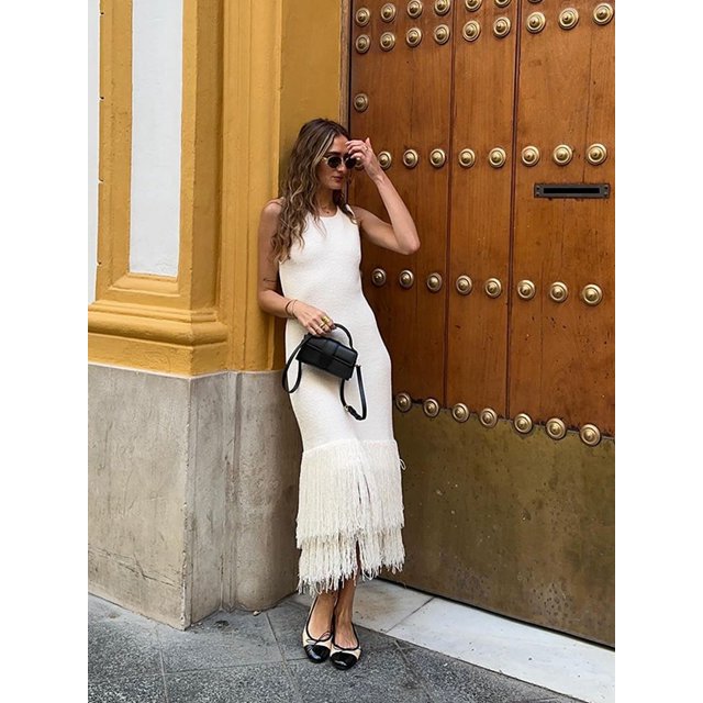 Mode Tricoté Patchwork Pompon Femmes Robe Élégante O Cou Sans Manches Haute Fente Robes 2024 Nouvelles Robes de Soirée Femmes de Luxe FJH