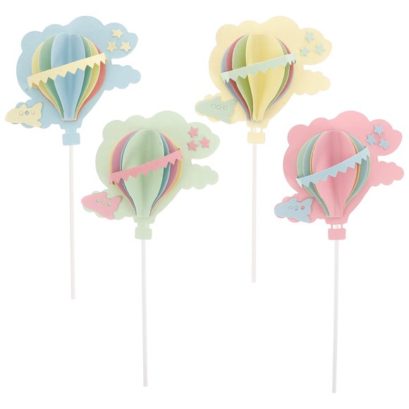 4pcs 3D Clouds Hot Air Balloons Cake Topper Party Cake Pick Cake Decorations (Blue, Pink, Yellow, Green)