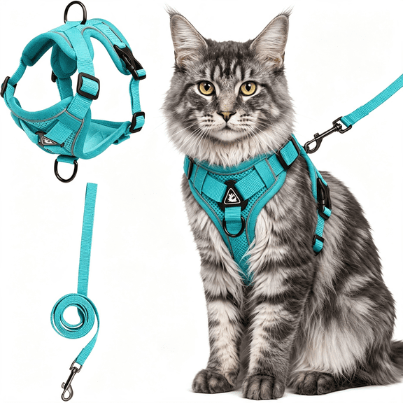 SUBAI Large Cat Harness and Leash Set| Escape Proof Adjustable Mesh Vest with Reflective Strips, No-Choke Soft Breathable Harness for Small Dog Big Kitten, Teal, L