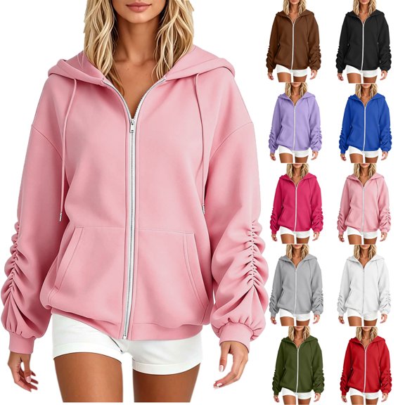 Aezemi Womens Drawstring Hoodie Sweatshirts Zip up Fashion Ruched Long Sleeve Winter Fall Outerwear Women Comfy Hooded Fashion Soft Full Zip Blouses with Pockets XXL