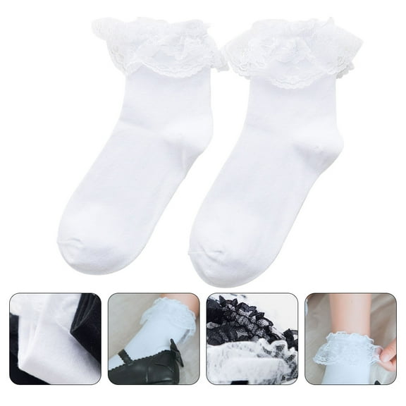 WRISTBIQUE Japanese Style Lace Socks Women Cotton White 1 Pair Short Cuff