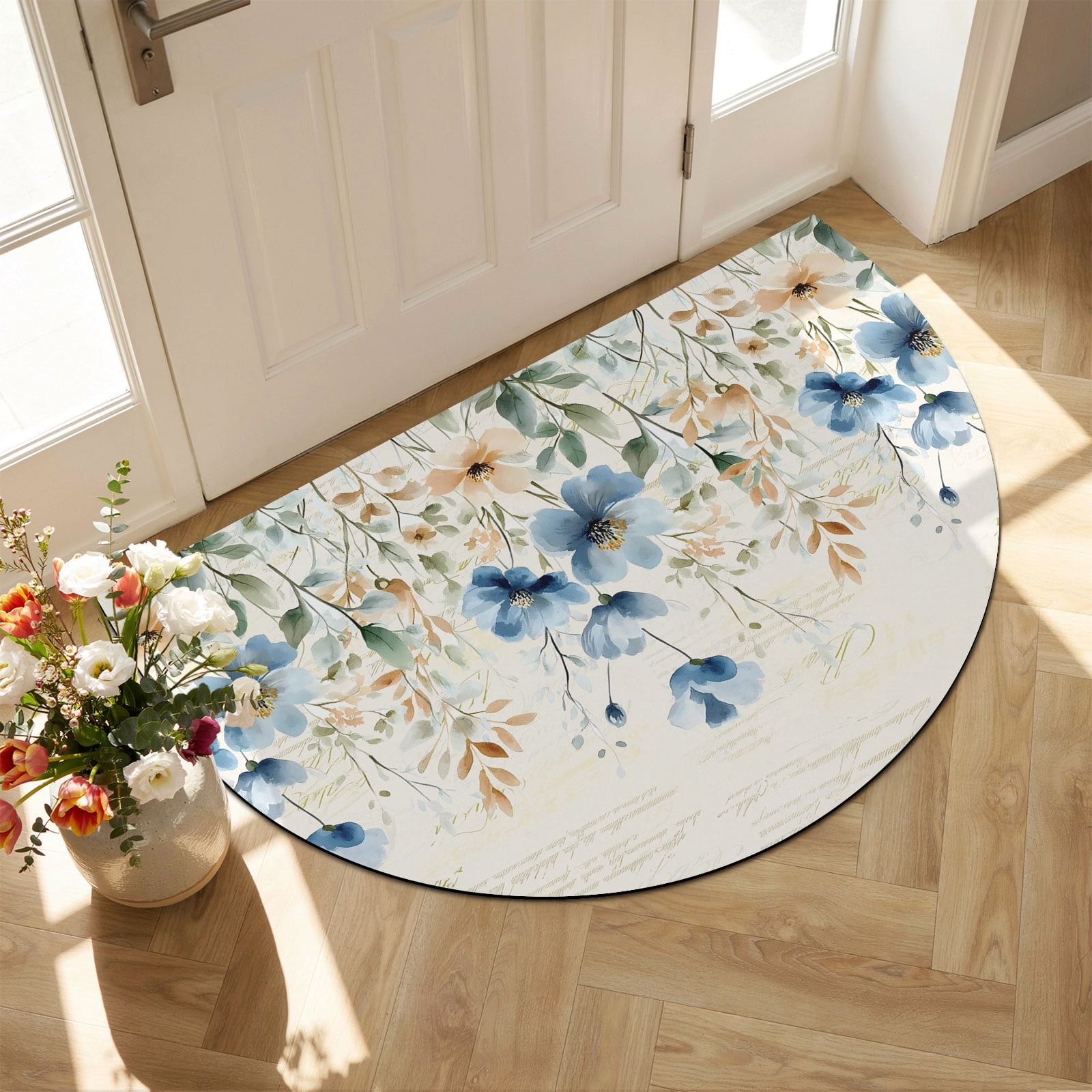 Indoor Doormat Front Door Mat 20 x31.5 Blue Spring Floral Absorbent & Non-Slip Half Circle Doormat Indoor Entrance Low-Profile Welcome Mat for Entryway Patio Summer Botanical Vintage