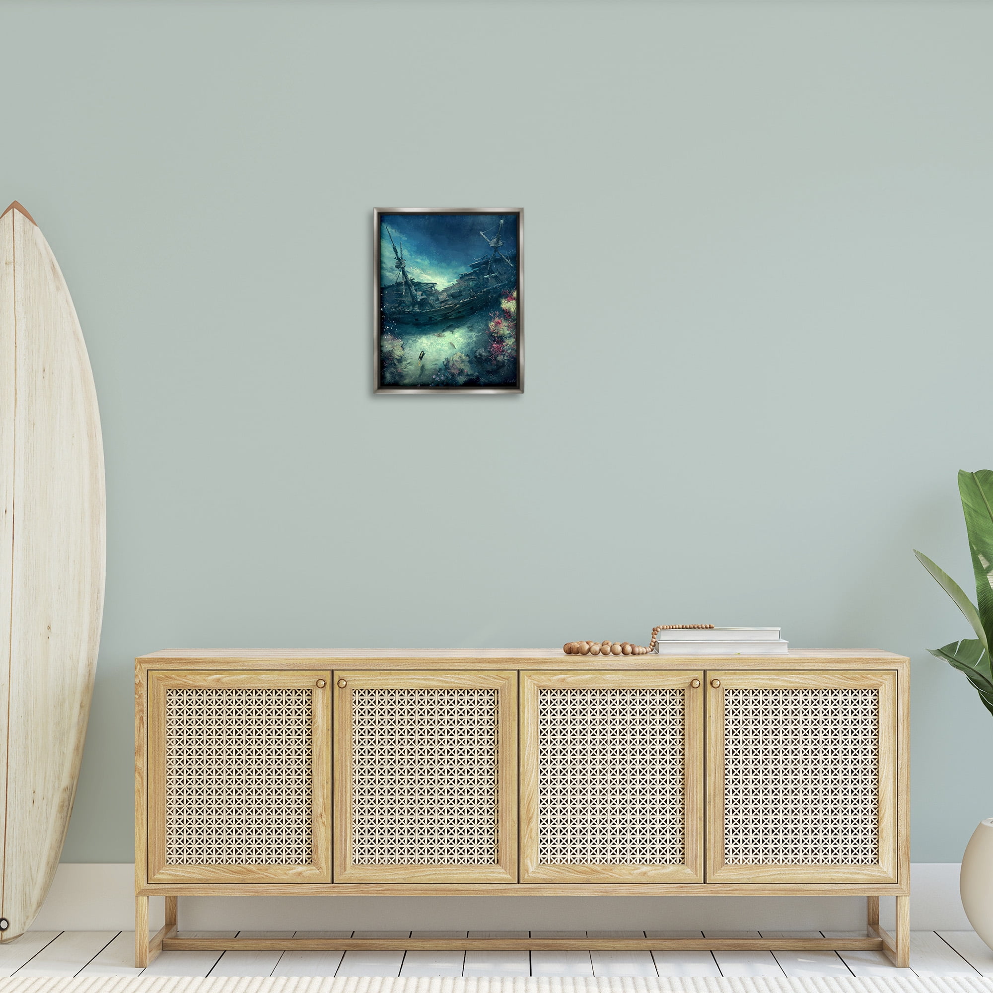 Stupell Industries Deep Sea Shipwreck Transportation Painting Gray Floater Framed Canvas Art Print Wall Art, 17 x 21
