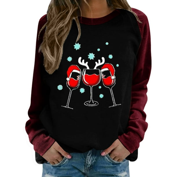 Gibobby Sudadera navideña mujer Sudadera casual con estampado navideño para mujer, cuello redondo, manga larga, sudadera raglán(Vino,XG)
