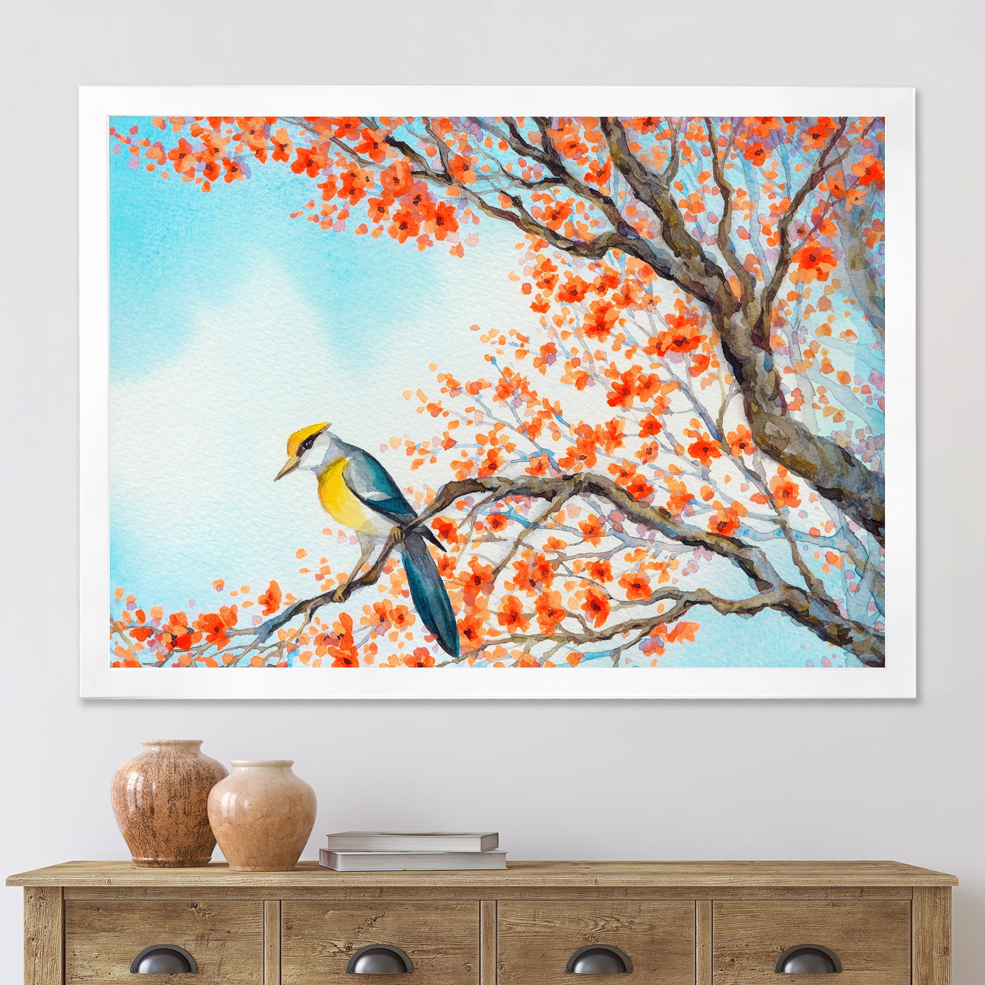 Beautiful Orange Bird Sitting On Flowering Branch 40 in x 30 in Framed Painting Canvas Art Print, by Designart