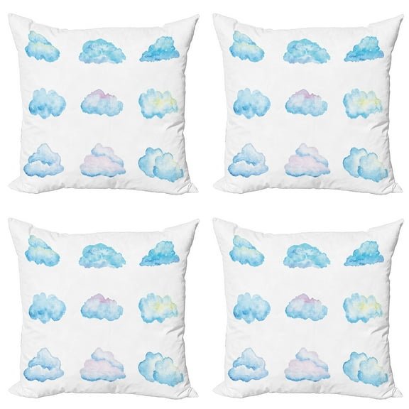 Ambesonne Cartoon Throw Pillow Cover 4 Pack, Fluffy Clouds, 24", Blue White