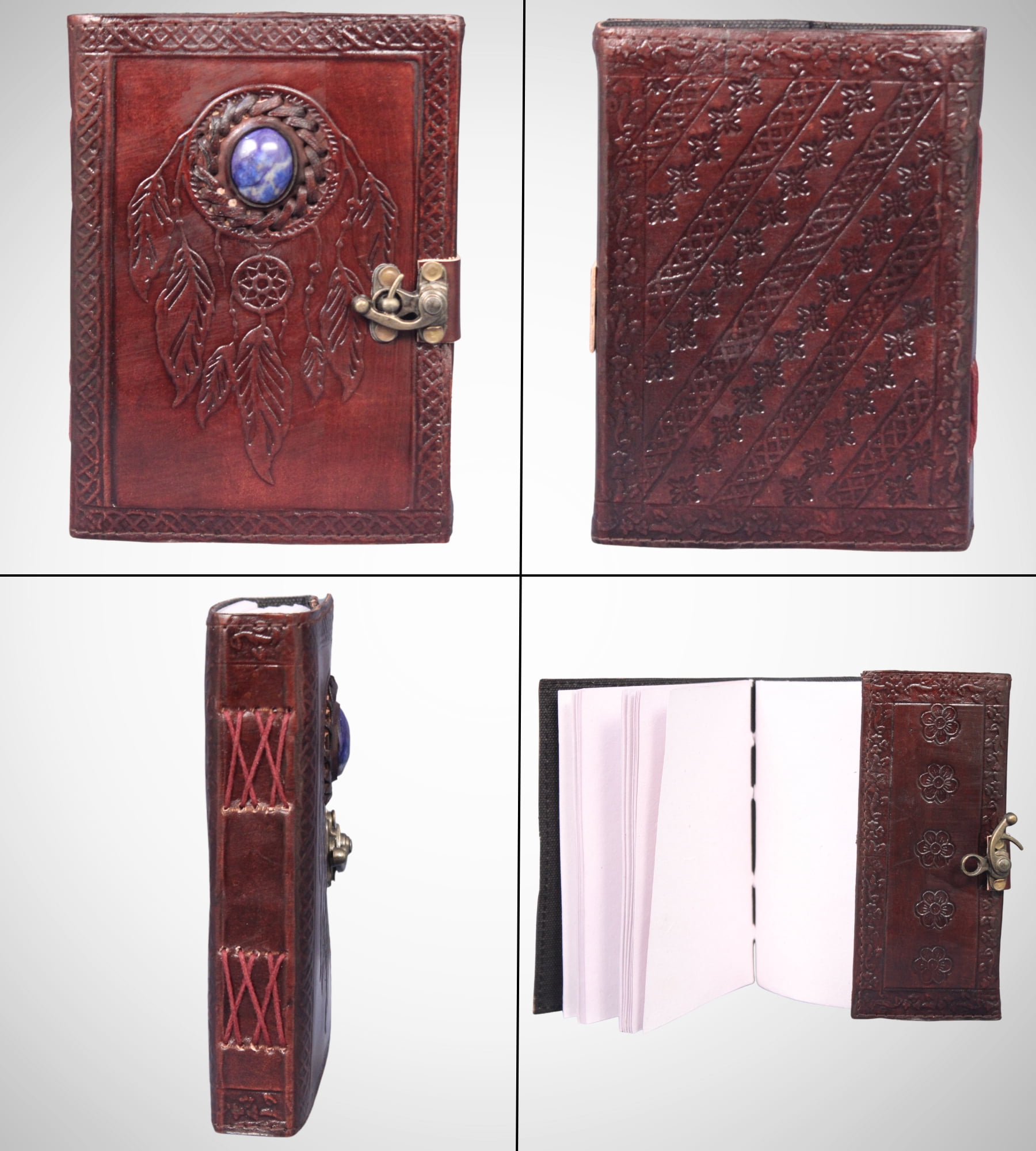 Genuine Leather Dreamcatcher Journal – Handmade Embossed Writing Diary with Lapis Stone & Antique Lock | Unlined Notebook & Sketchbook for Men & Women