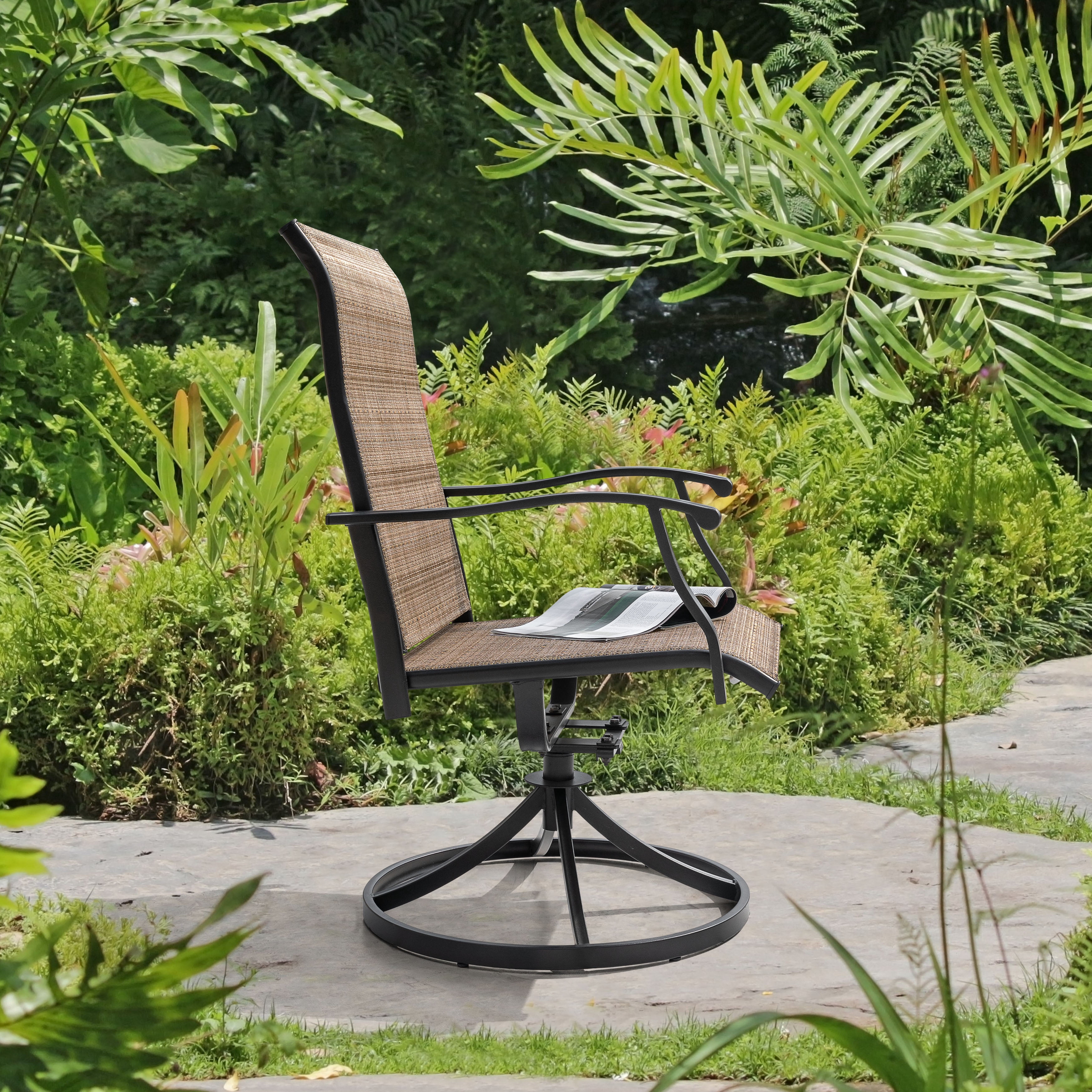 Nuu Garden Patio Swivel Chairs Set of 2, High-Back Outdoor Dining Chairs, All-Weather Textilene Outdoor Yard Chairs, Brown