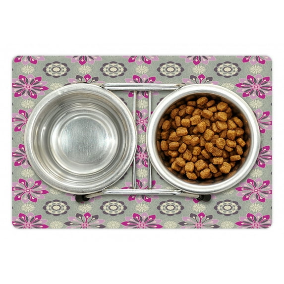 Floral Pet Mat for Food and Water, Mandala Pattern Image of Flower Silhouettes in Pink Tones, Non-Slip Rubber Mat for Dogs and Cats, 18" X 12", by Ambesonne