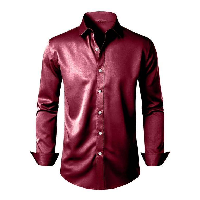 Yydgh Men's Shiny Silk Satin Shirts Long Sleeve Button Down Dress Shirt Casual Slim Fit Muscle Formal Party Prom Wedding Shirts Wine Red 3XL