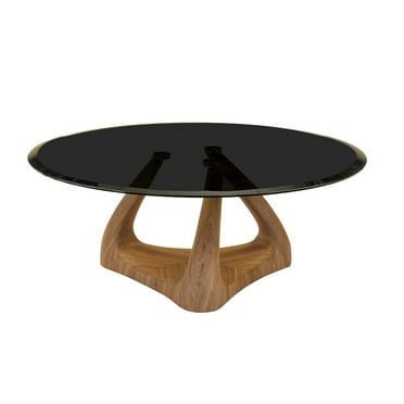 Modrest Christy - Mid-Century Modern Grey Glass   Walnut Round Coffee Table