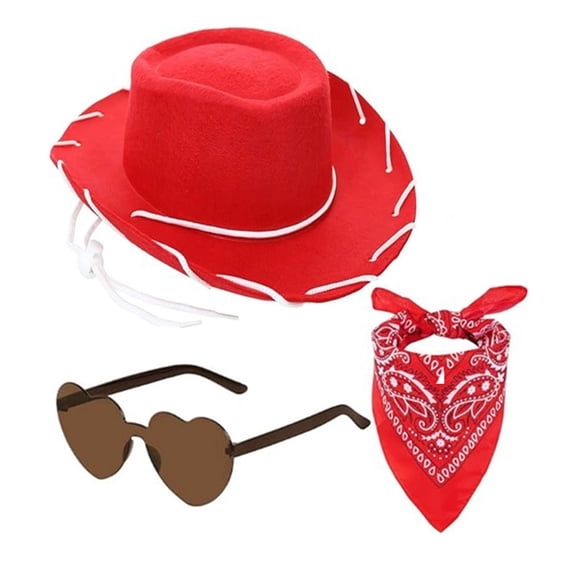 RUINIXCW Red Cowgirl Hat for Women Men Adult Cowboy Hat with Bandanas and Sunglasses Western Cowgirl Party Costume 3 Pcs Set