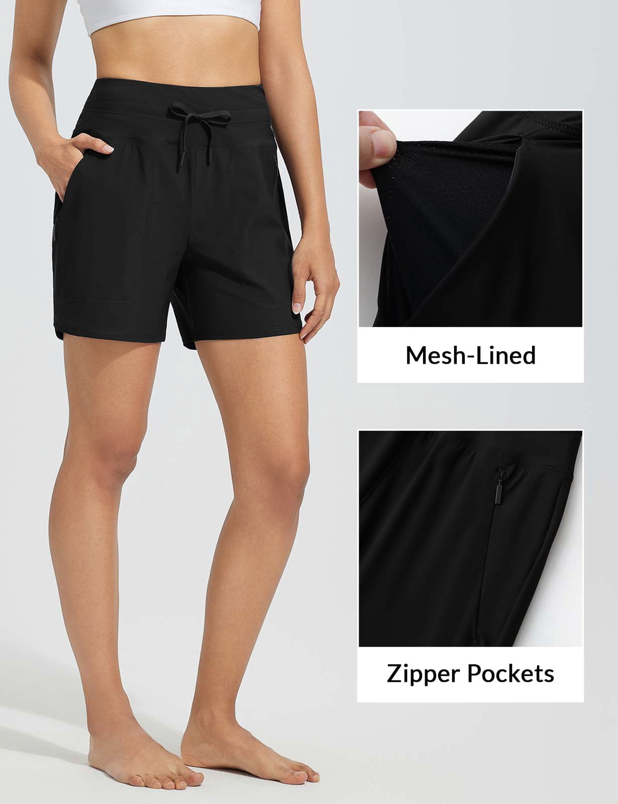 BALEAF Women's Swim Board Shorts High Waisted Quick Dry UPF 50+ Modest Swimsuits 2025 Swimming Bottoms with Boxer Liner Zipper Pockets Black XS