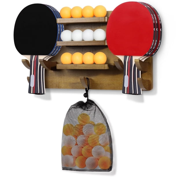 Soporte de pared para paletas de ping pong, estante de pared para almacenamiento de ping pong, capacidad para 6 paletas y 12 pelotas, soporte de pared para raqueta de tenis de mesa, organizador de acc