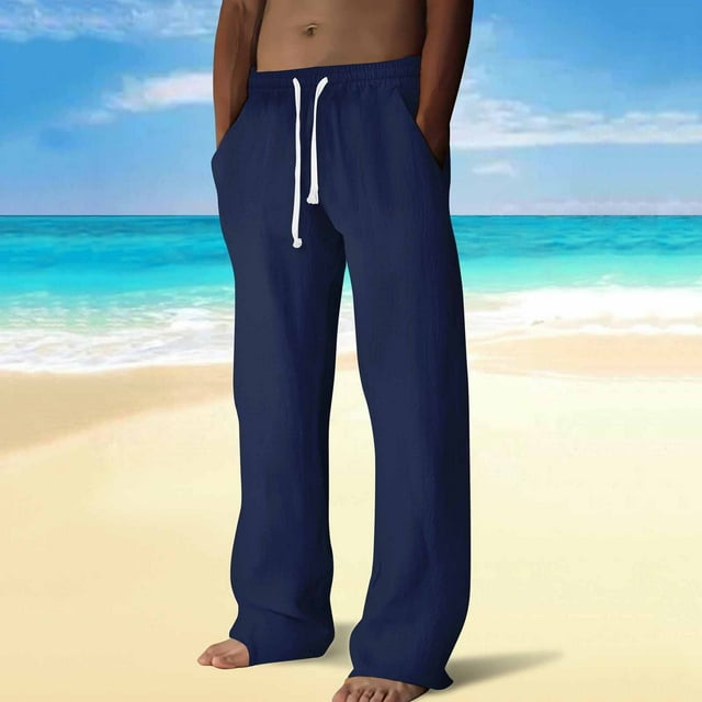 asjyhkr Mens Linen Pants Elastic Waist Drawstring Casual Breathable Summer Beach Sweatpants with Pockets