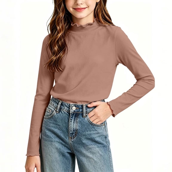 Khunlpohl Girl's Casual Tops Ruffled Mock Neck Solid Color Shirts Fall Long Sleeve Undershirts for Kids 1-13 Years