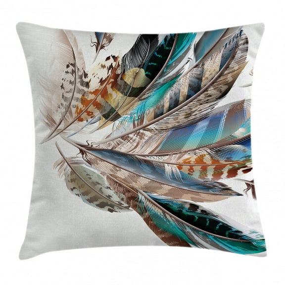 Feather House Decor Throw Pillow Cushion Cover, Vaned Types and Natal Contour Flight Feathers Animal Skin Element Print, Decorative Square Accent Pillow Case, 18 X 18 Inches, Teal Brown, by Ambesonne
