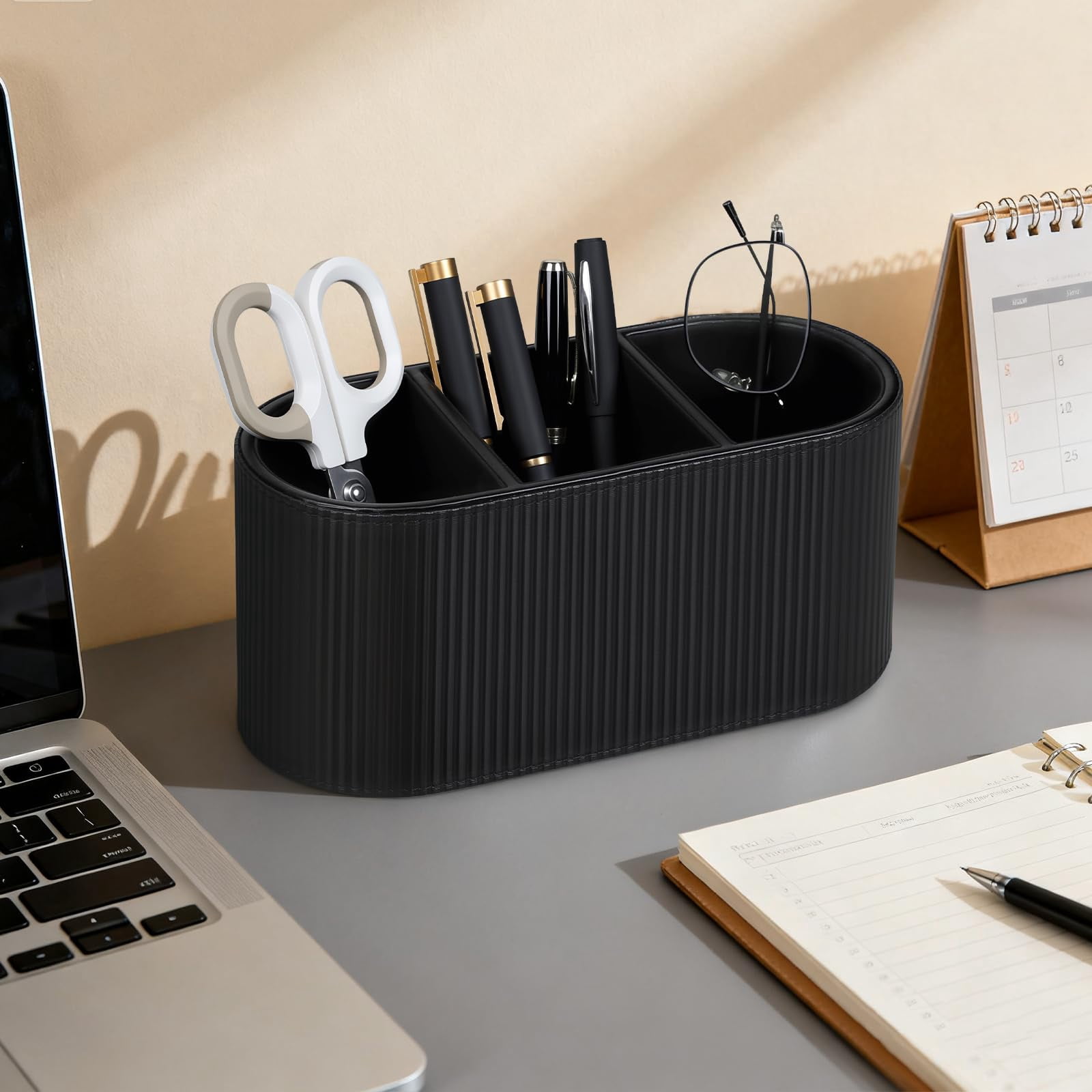 Black PU Leather Desktop Organizer with 3 Compartments for Home Office Supplies and Remote Controls